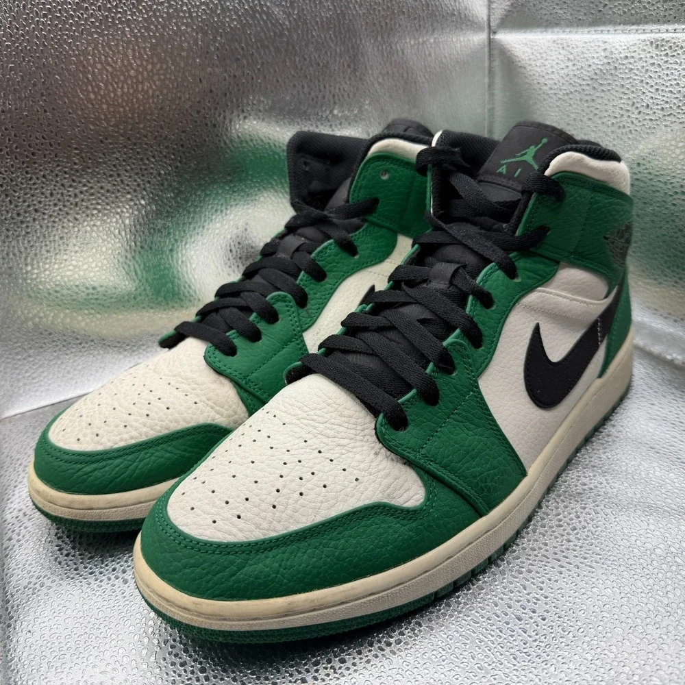 Size 12 Nike‎ Air Jordan 1 Mid Leather Pine Green Mens Sneaker Shoes 852542-301